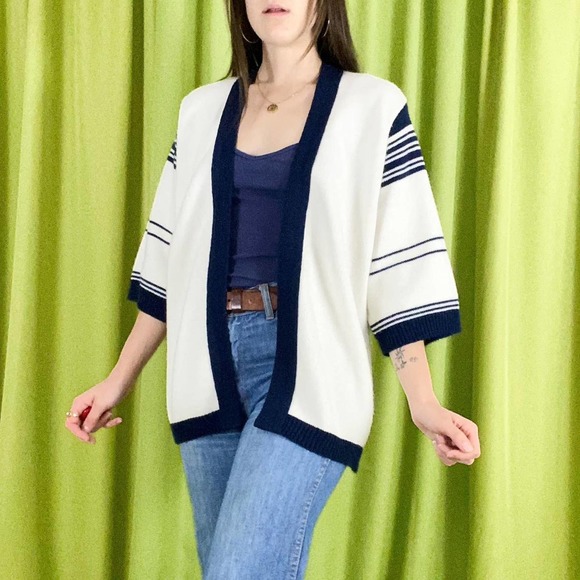 70s Vintage White and Navy Striped Wide Sleeve Open Knit Cardigan - Picture 1 of 5